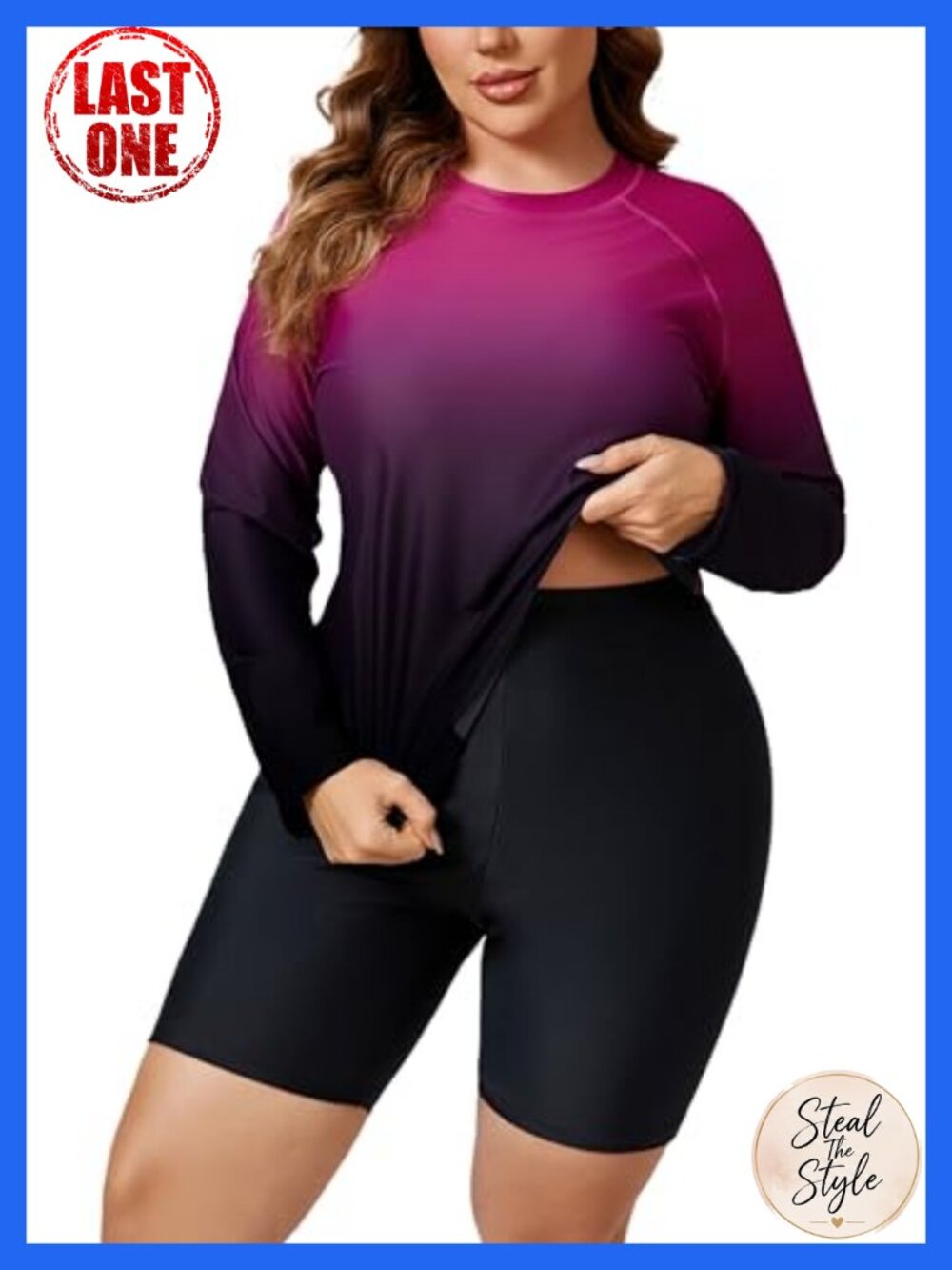 Plus Size Long Sleeve Rash Guard Set with Built in Bra and Boyleg Bottoms